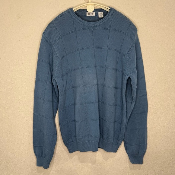 IZOD Cable Knit Sweater Blue Cotton Crew Neck Long Sleeves Men’s Size Large - Picture 1 of 12
